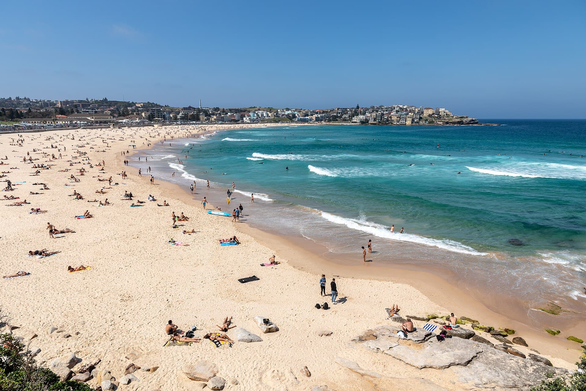 Bondi Beach in Sydney, with the curve of sand and water seen from above the headland.