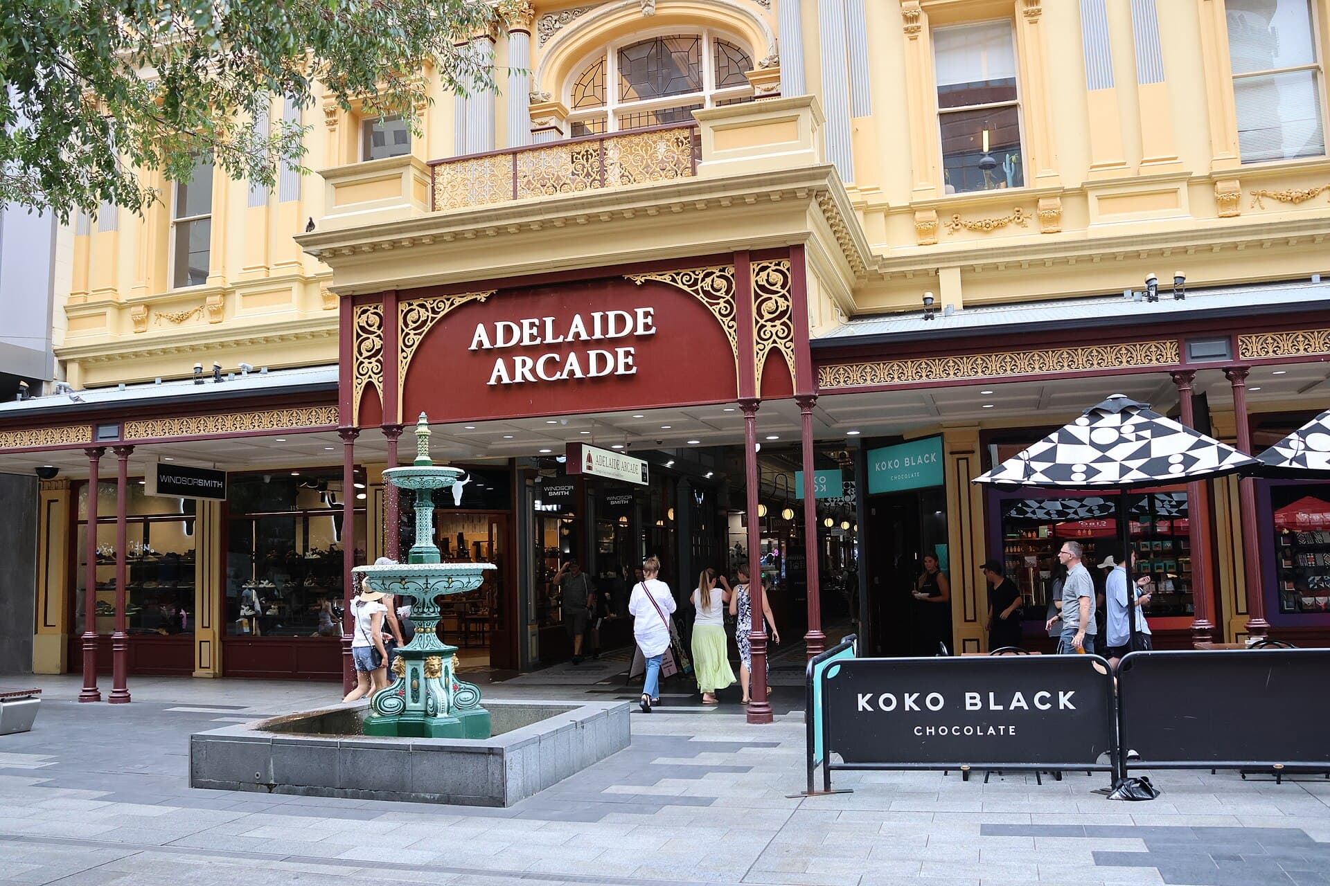 Rundle Mall in Adelaide, with the fountain in the foreground and Adelaide Arcade beyond.